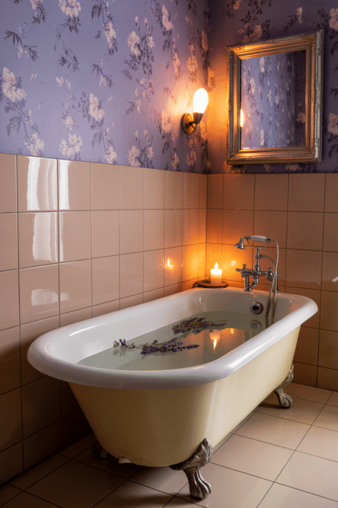 A statement wall in purple floral wallpaper adds elegance and texture to a small bathroom.