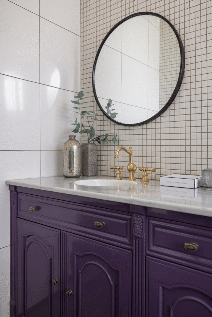 A standout purple vanity adds bold personality to a chic, modern bathroom.