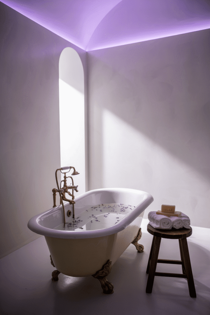 A painted lavender ceiling brings a dreamy touch to this otherwise neutral bathroom.