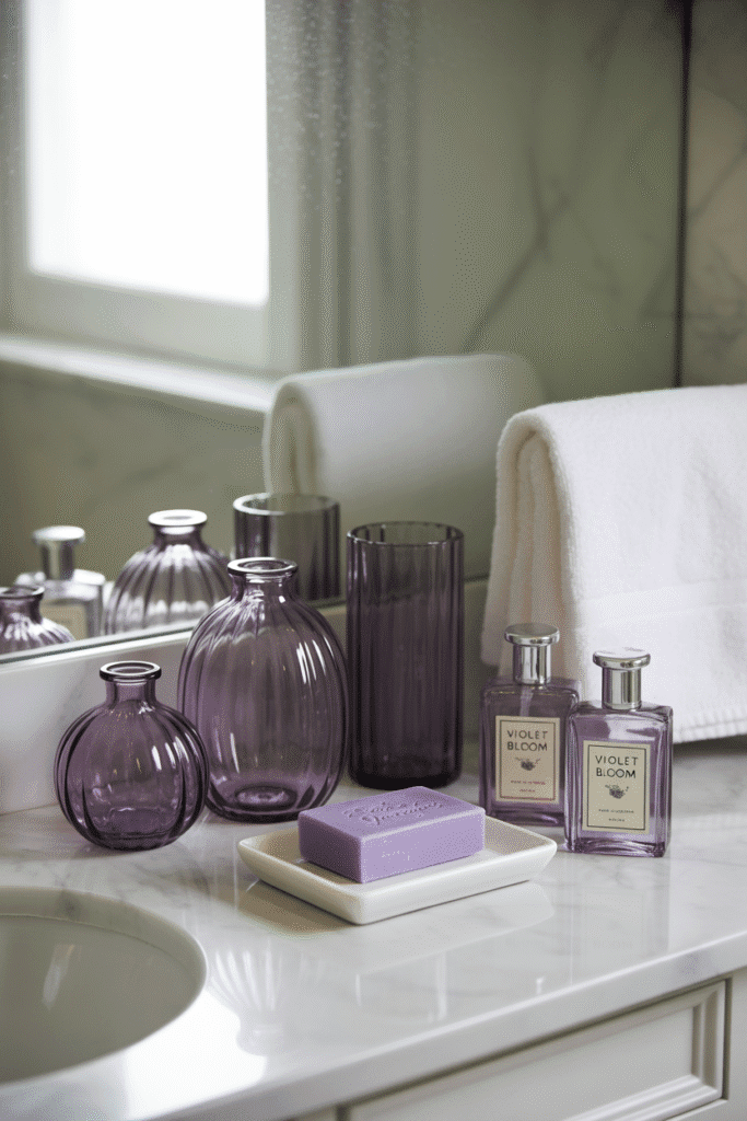Elegant purple glass accessories add shimmer and charm to a refined bathroom space.