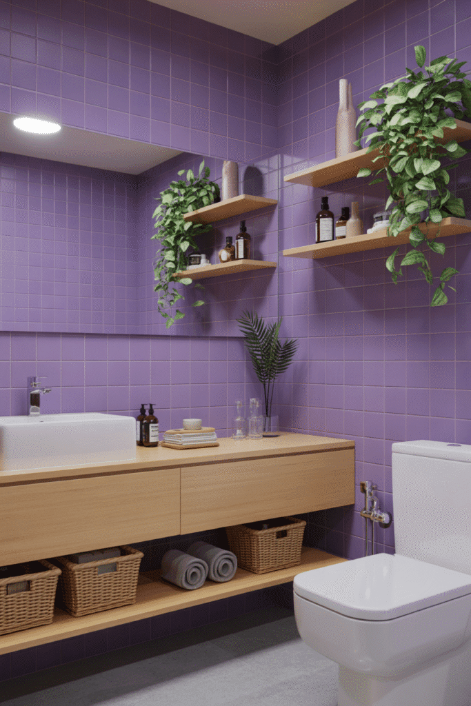 A harmonious blend of purple tones and natural materials for a balanced bathroom aesthetic.