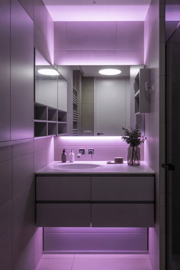 Sleek purple LED lighting creates a spa-like ambiance in this contemporary bathroom.