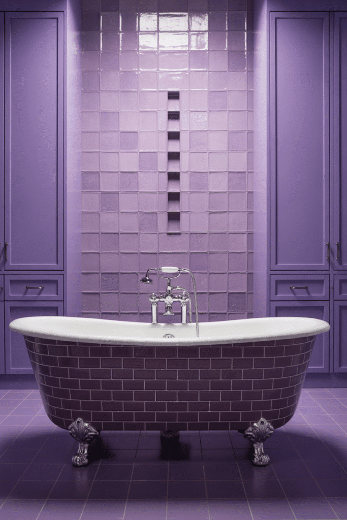 A bold monochrome purple bathroom with layered textures and moody elegance.