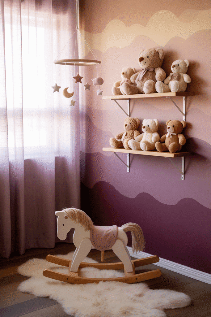 Stylish nursery featuring a purple Ombre accent wall that adds depth and dreamy color.