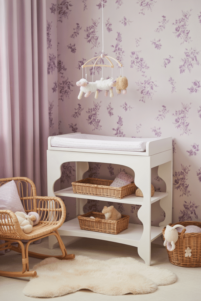 A charming nursery with purple floral wallpaper and light decor for a storybook-inspired look.