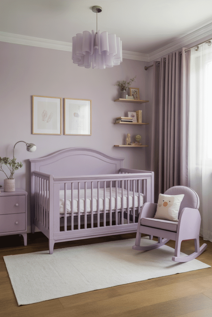 A sweet and unique baby nursery featuring a lilac-painted crib and gentle purple accents.