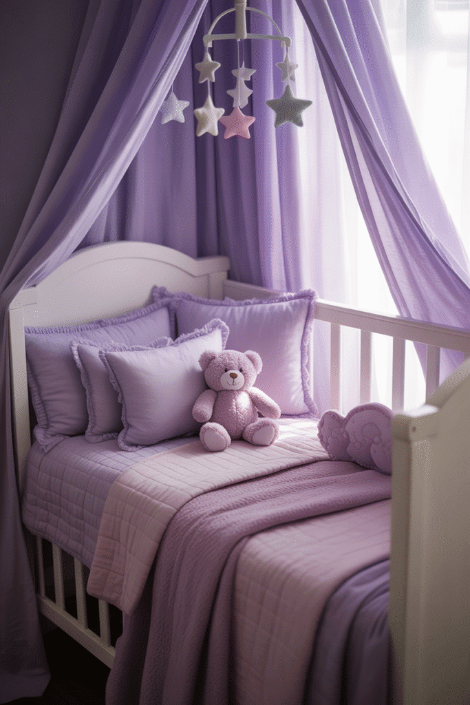 Cozy purple nursery textiles create a comforting and layered sleeping space for baby.