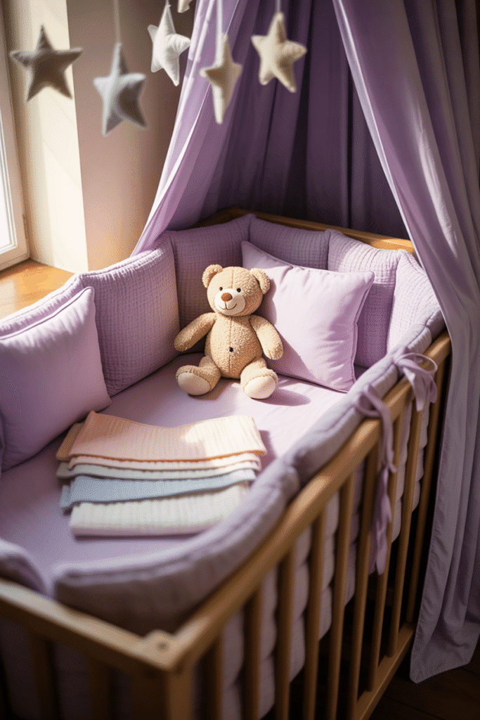 Cozy purple nursery textiles create a comforting and layered sleeping space for baby.