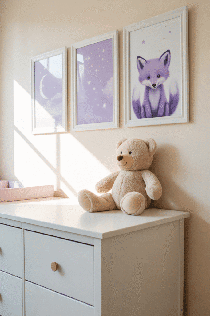 Whimsical wall art in purple tones adds charm and color to a soft nursery setting.