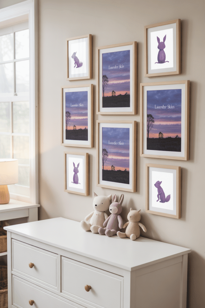 Whimsical wall art in purple tones adds charm and color to a soft nursery setting.