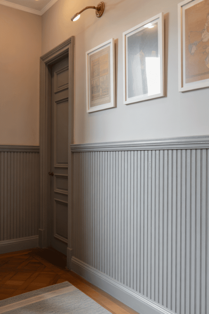 Wainscoting-style half wall with trim adds depth and character to a small hallway.

