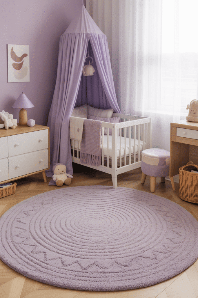 A lavender rug brings warmth and comfort to a beautifully styled baby nursery.