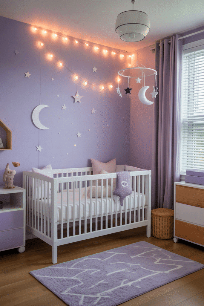 A dreamy purple celestial nursery with stars, moons, and soft lighting for a magical vibe.