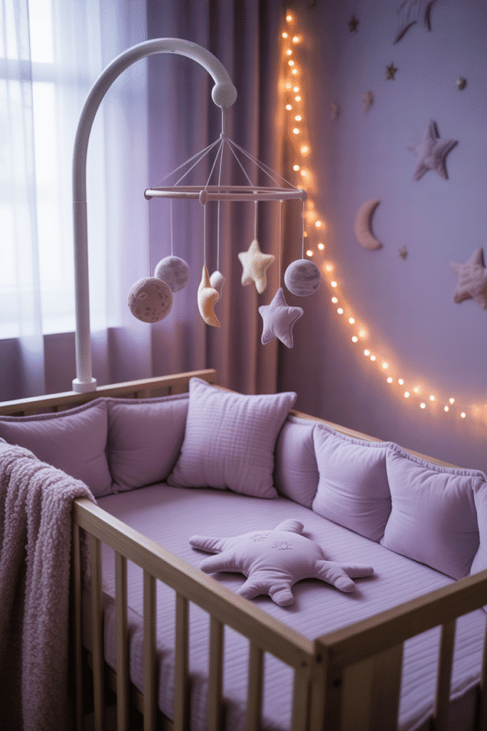 A dreamy purple celestial nursery with stars, moons, and soft lighting for a magical vibe.