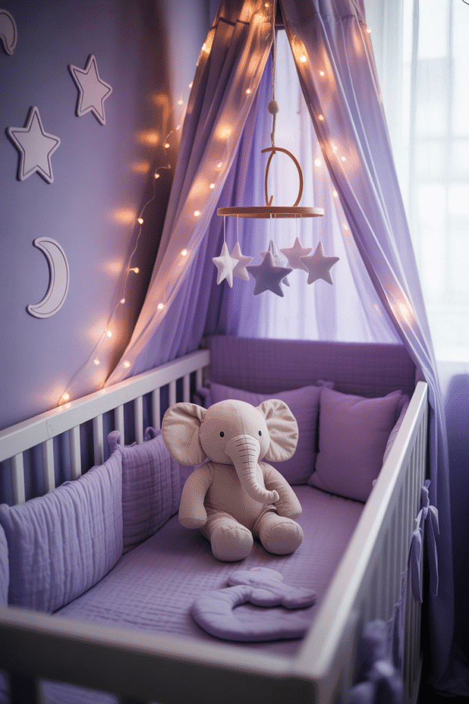 A dreamy purple celestial nursery with stars, moons, and soft lighting for a magical vibe.