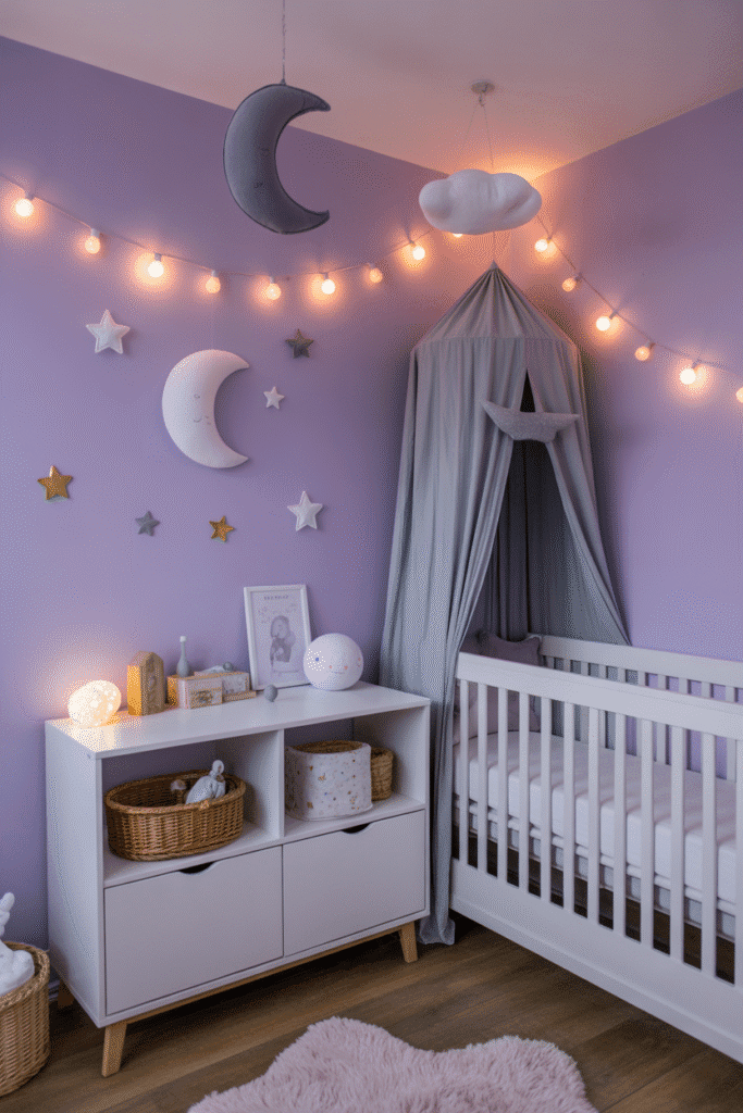 A dreamy purple celestial nursery with stars, moons, and soft lighting for a magical vibe.