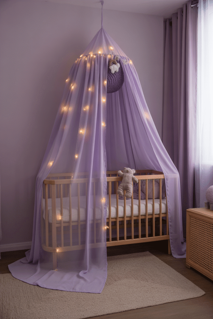 A romantic and gentle nursery space with a lavender canopy that adds dreamy elegance.