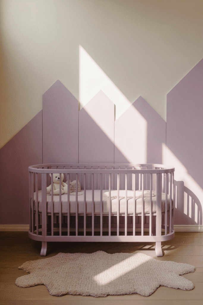 A soothing nursery blending soft purple tones with neutrals for a calm and stylish feel.