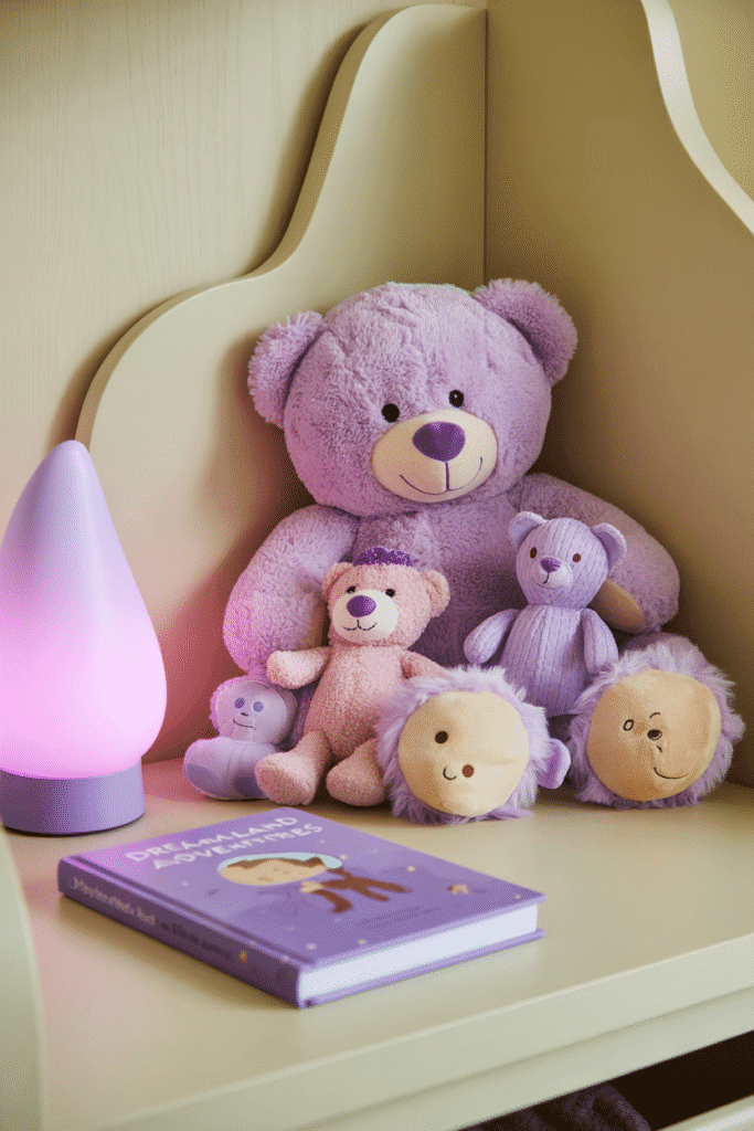 Soft purple toys and books add playfulness and charm to a cozy nursery shelf.