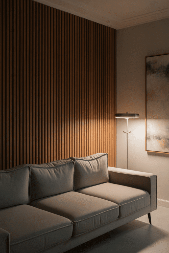 Vertical wood slats create sleek texture in a Scandinavian-inspired living area.

