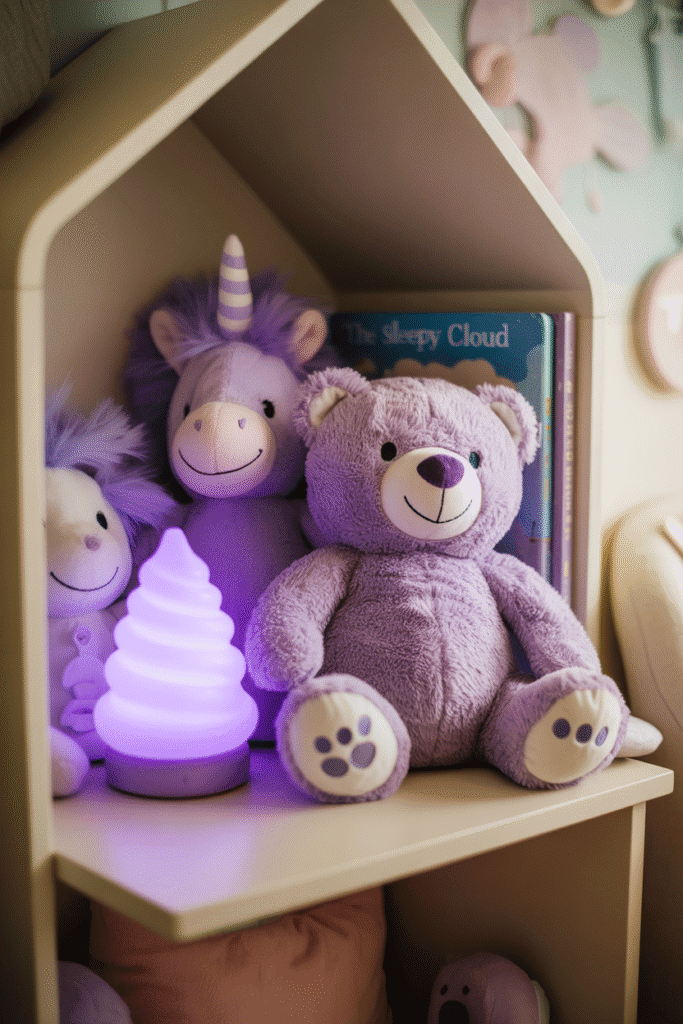 Soft purple toys and books add playfulness and charm to a cozy nursery shelf.