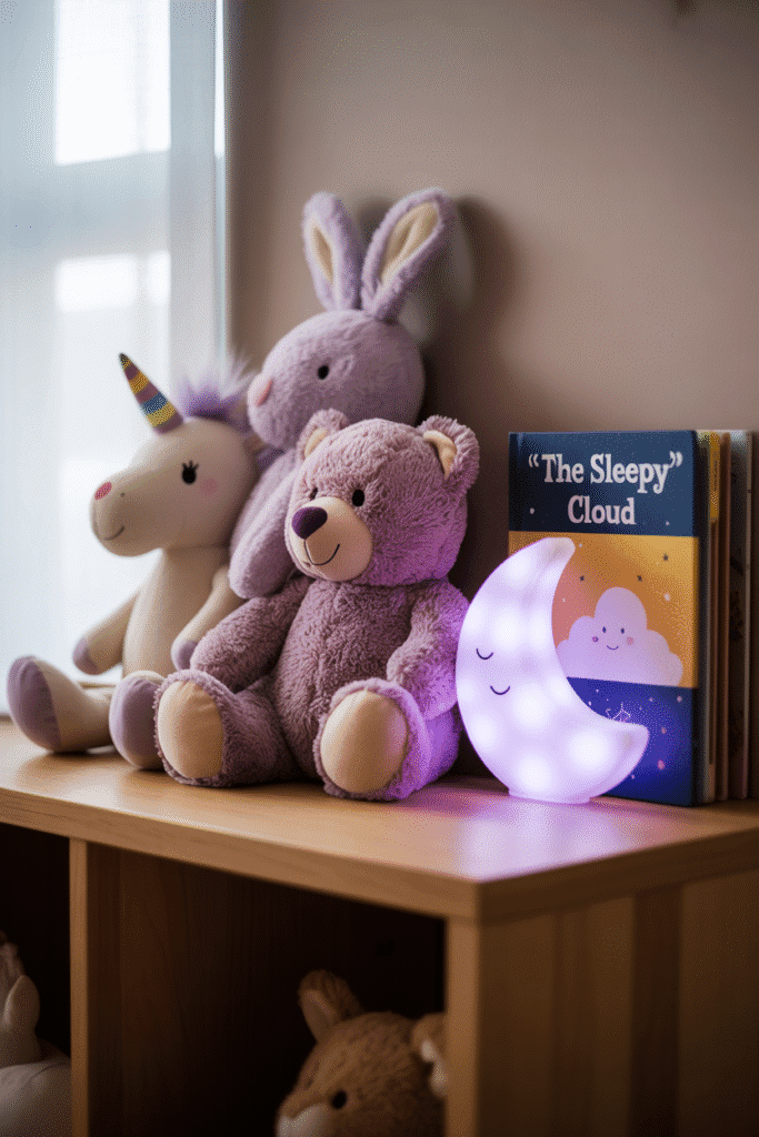 Soft purple toys and books add playfulness and charm to a cozy nursery shelf.
