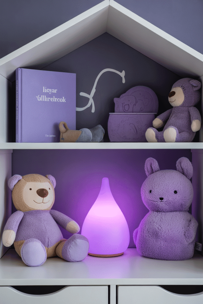 Soft purple toys and books add playfulness and charm to a cozy nursery shelf.