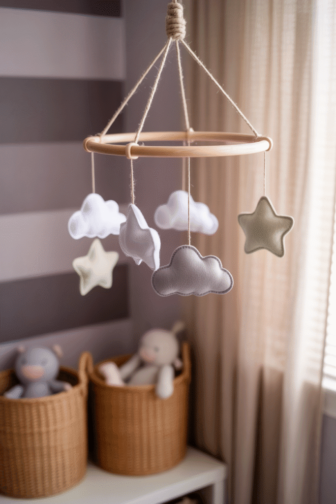 A creative purple nursery with gender-neutral styling and balanced earth-toned details.