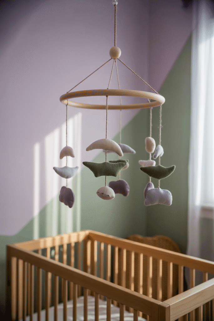 A creative purple nursery with gender-neutral styling and balanced earth-toned details.