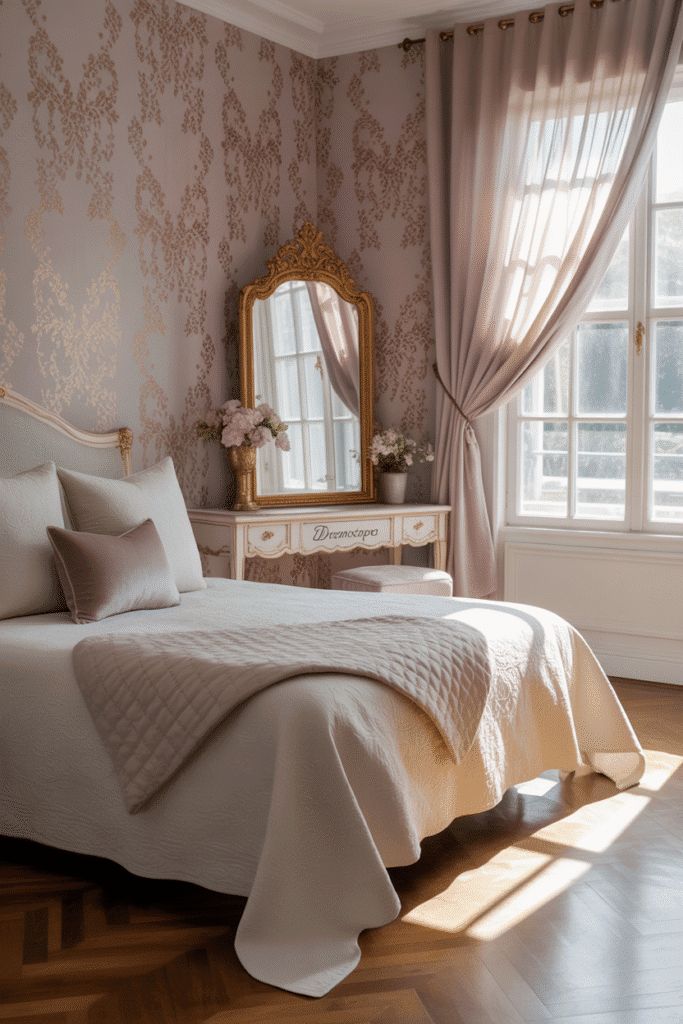 Romantic bedroom with soft lavender floral wallpaper creating a gentle, timeless atmosphere.