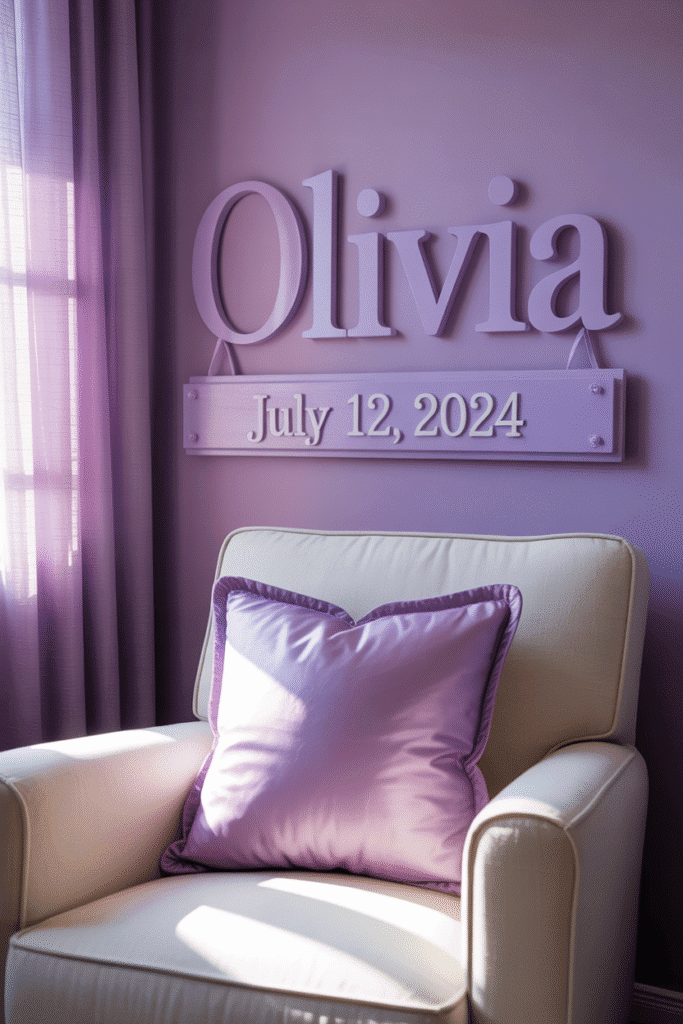 Personalized nursery with purple decor touches that make the space feel extra meaningful.
