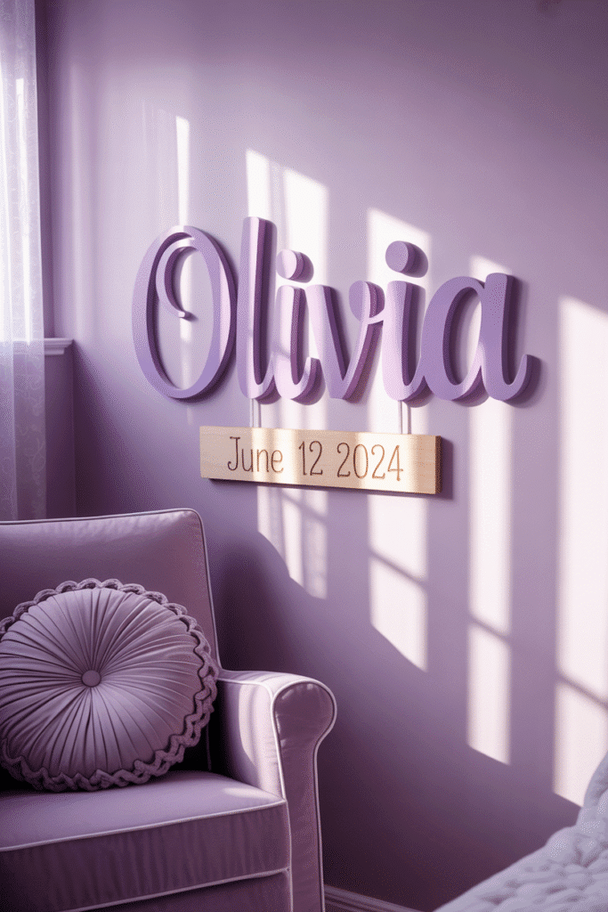 Personalized nursery with purple decor touches that make the space feel extra meaningful.