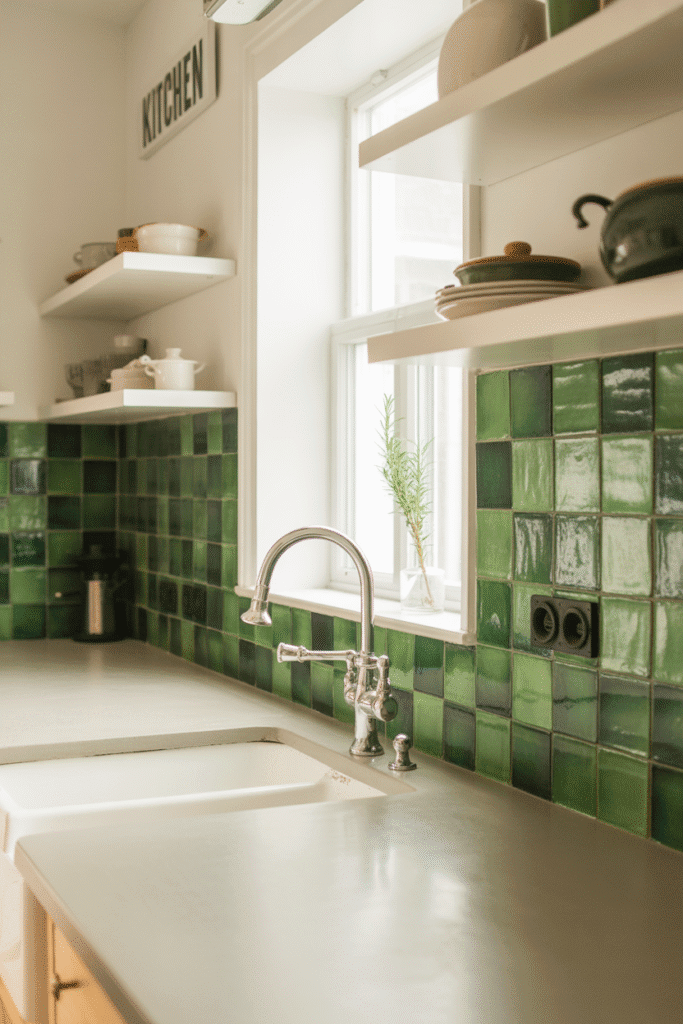 Glossy green backsplash tiles add rich texture and color to a modern kitchen.

