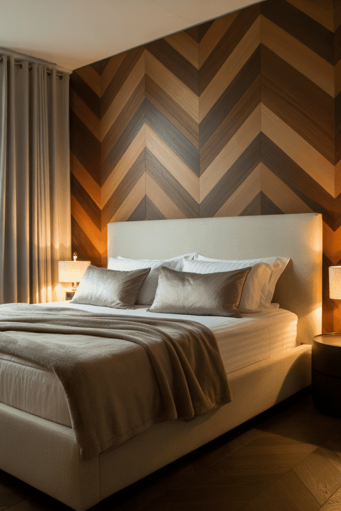 Chevron wood trim adds movement and bold texture to the bedroom feature wall.

