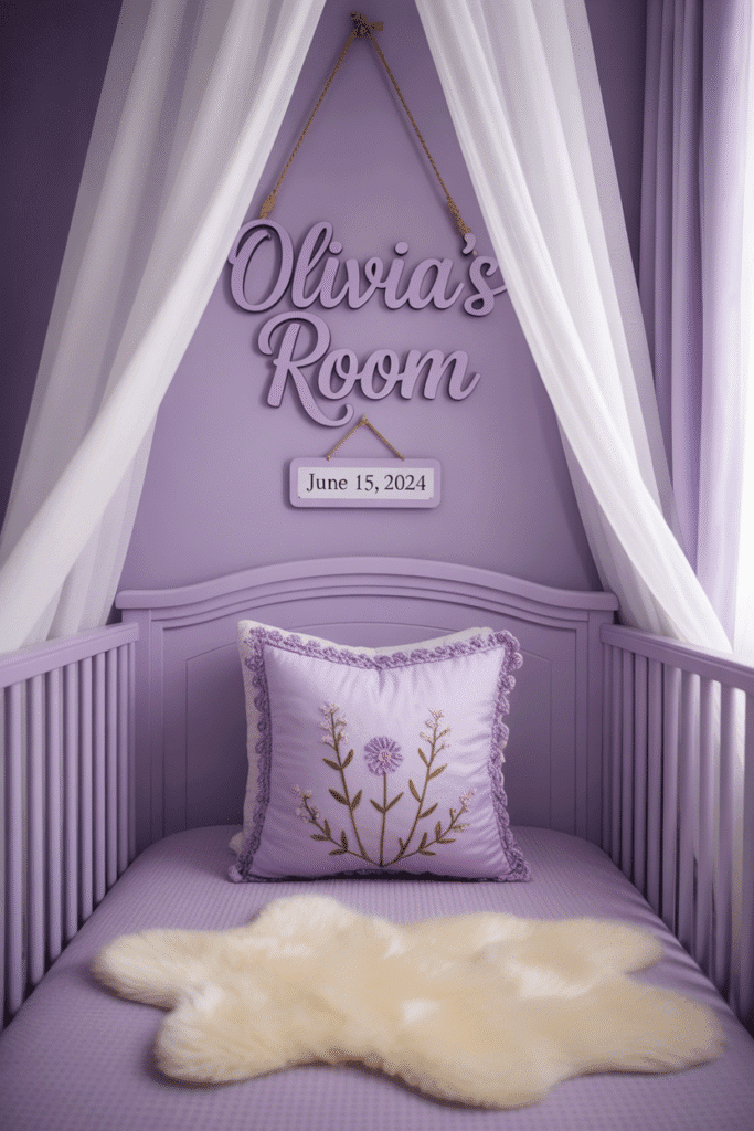 As a part of purple nursery ideas this picture shows a personalized nursery with purple decor touches that make the space feel extra meaningful.
