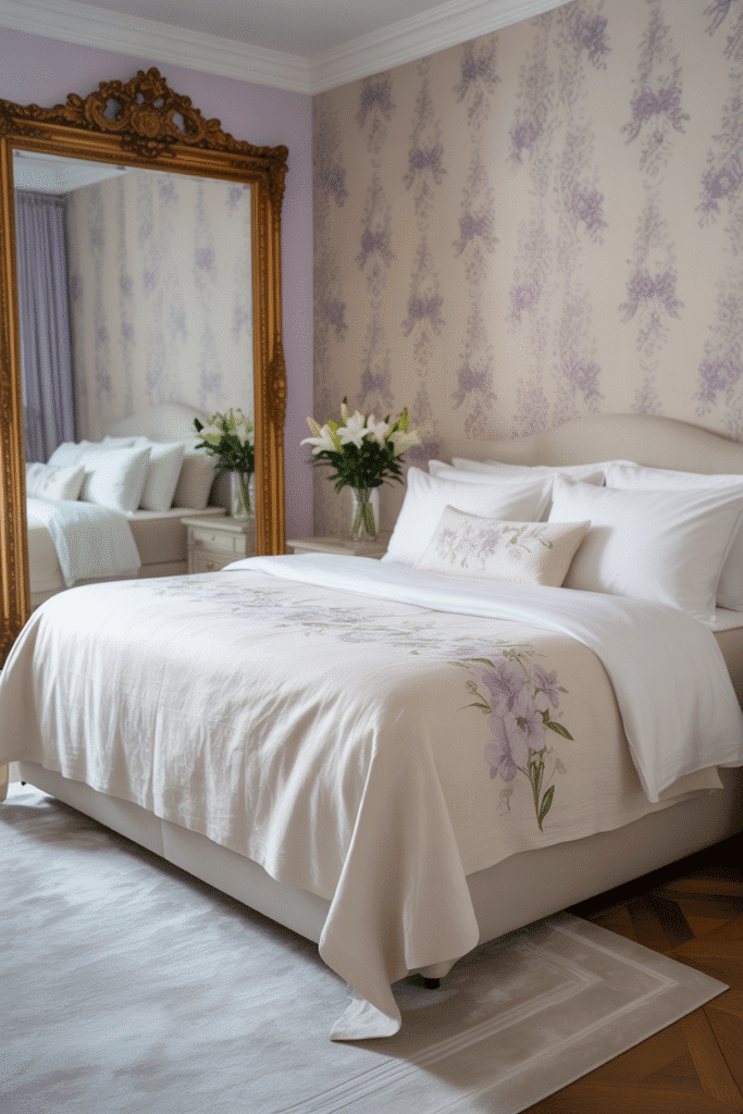Romantic bedroom with soft lavender floral wallpaper creating a gentle, timeless atmosphere.