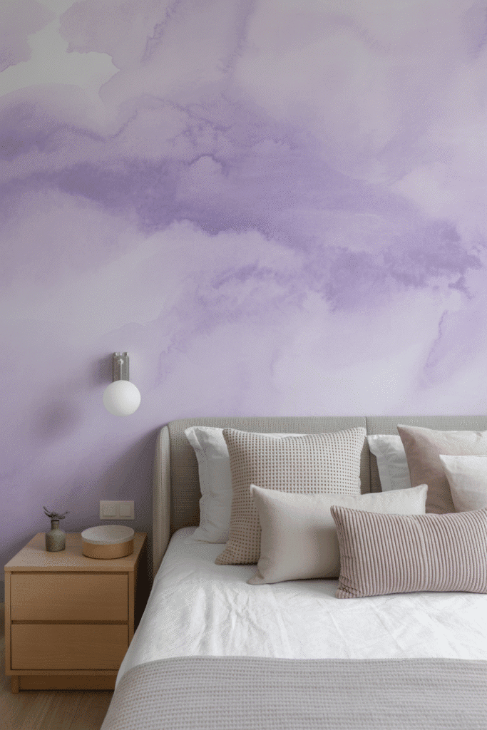 Dreamy watercolor light purple wallpaper adds a soft, artistic touch to a calming bedroom.