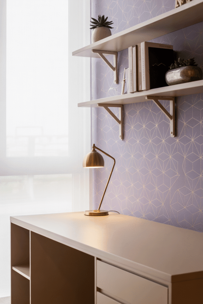 Light purple wallpaper with geometric design brings modern style and subtle color to a clean workspace.