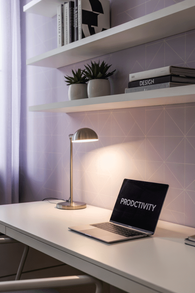 Light purple wallpaper with geometric design brings modern style and subtle color to a clean workspace.