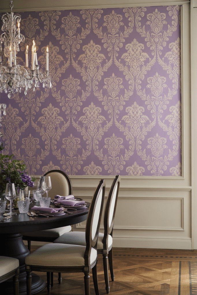 : Elegant lavender and silver damask wallpaper creates a luxurious and classic dining space.
