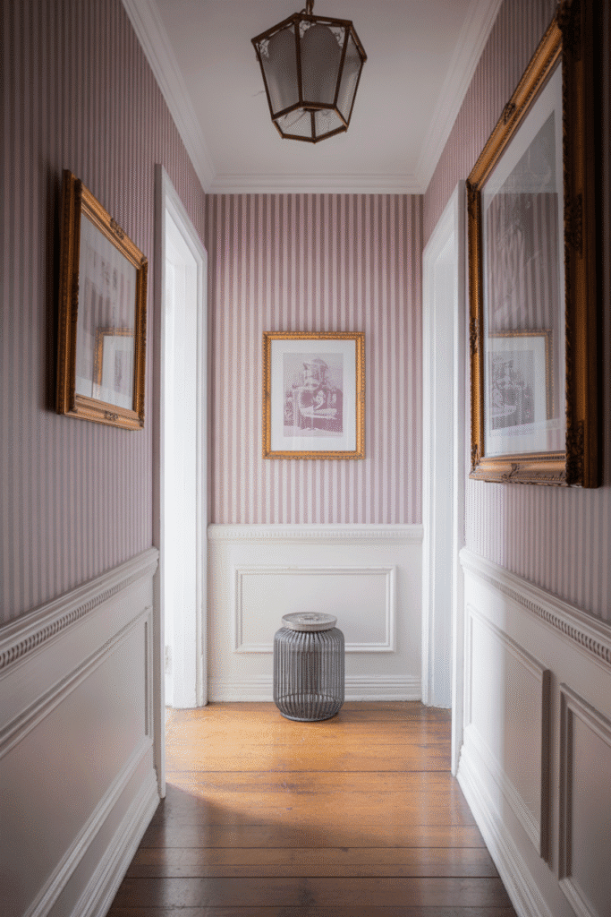 Light purple striped wallpaper adds height and charm to a bright, stylish hallway.