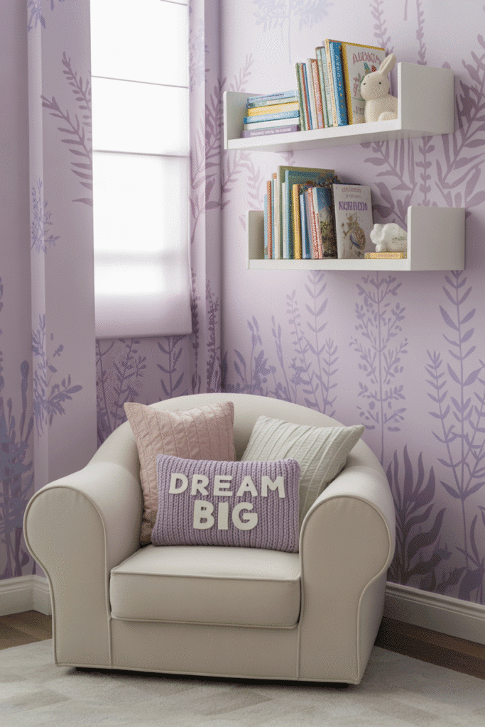 Botanical wallpaper in soft purple tones creates a nature-inspired, calming nursery space.