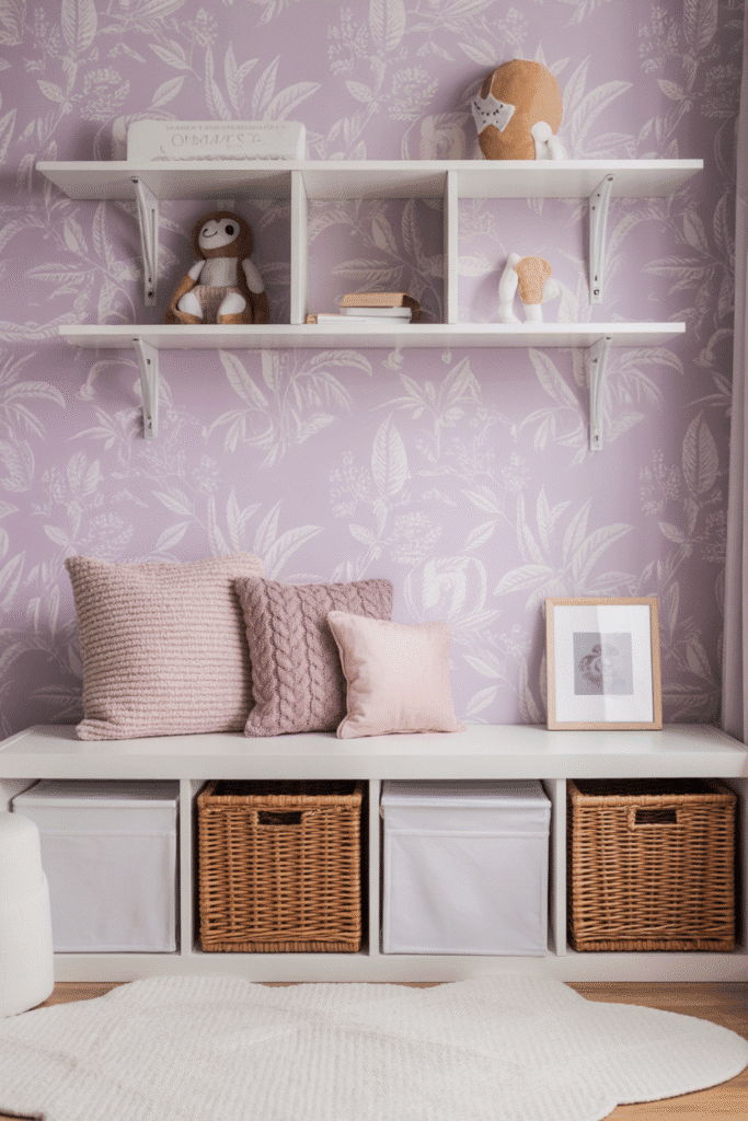 Botanical wallpaper in soft purple tones creates a nature-inspired, calming nursery space.