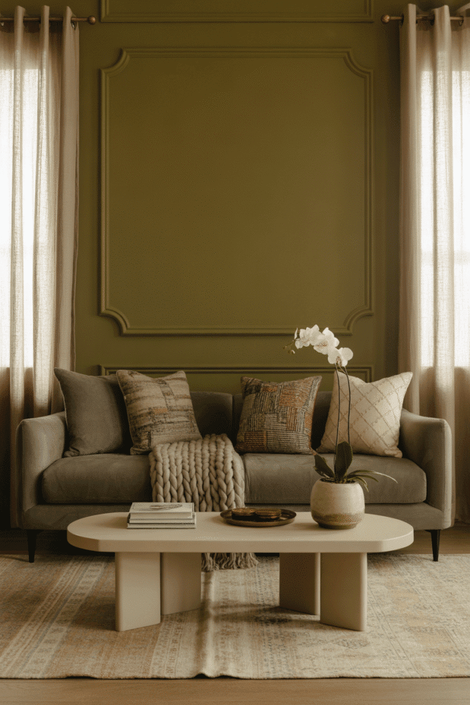 Monochromatic green wood trim wall adds subtle texture and contemporary feel.

