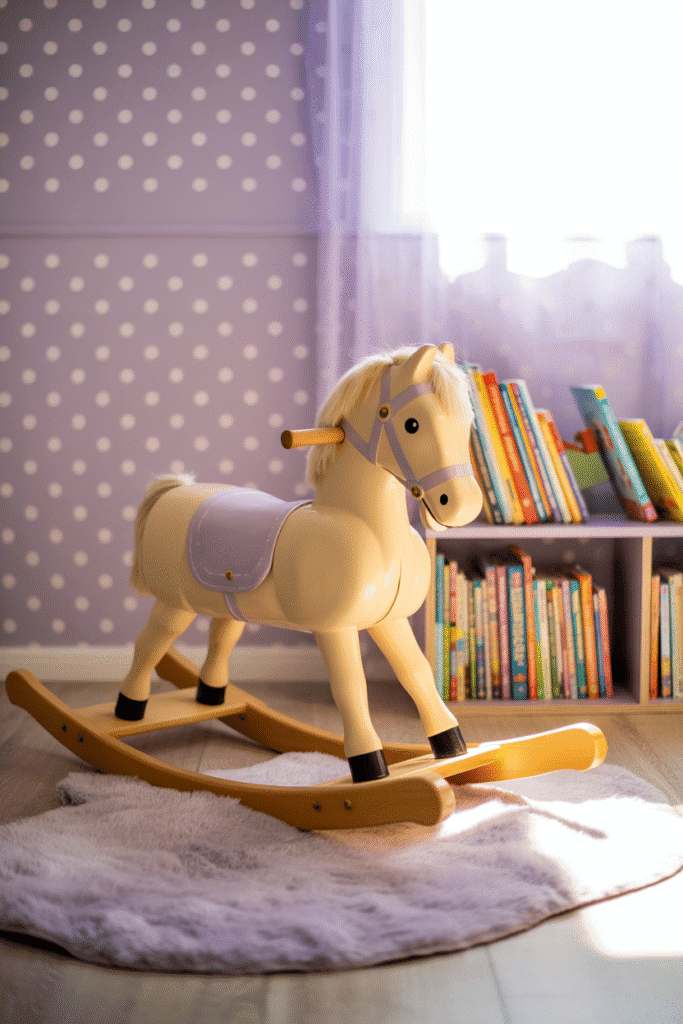 Playful light purple polka dot wallpaper brings whimsy and sweetness to a child’s room.