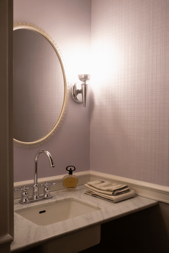 Light purple wallpaper with a metallic sheen adds shimmer and sophistication to compact spaces.
