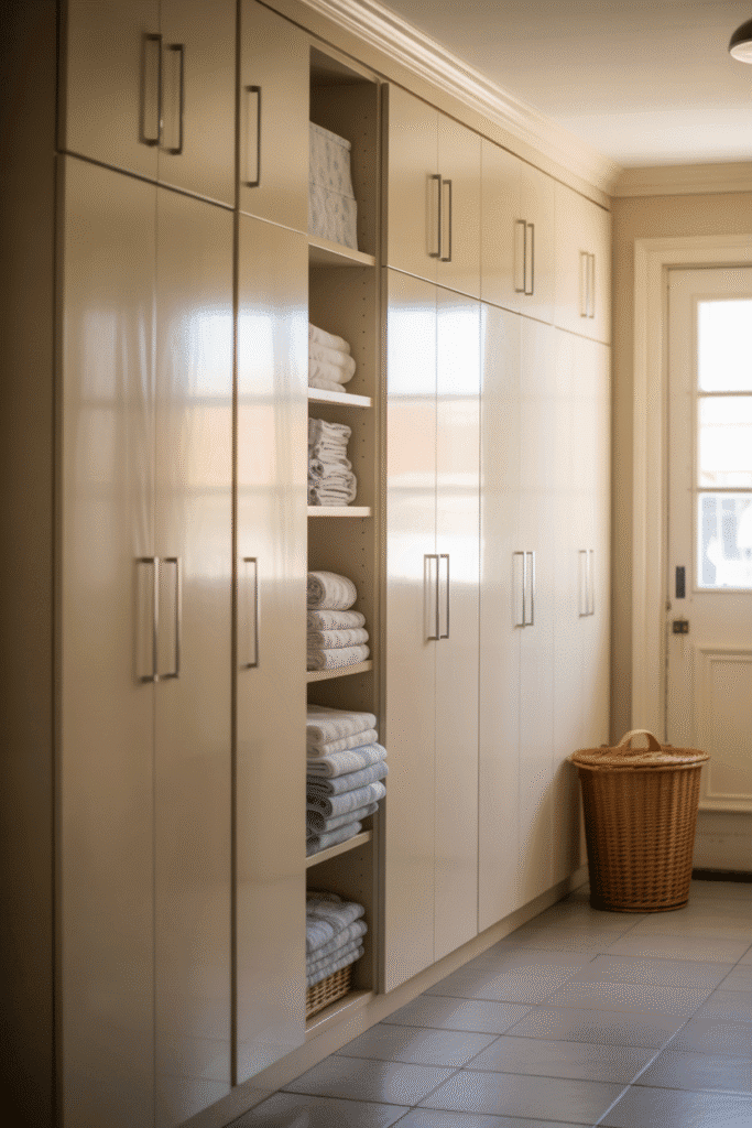 A clean, modern laundry room with floor-to-ceiling white cabinets for stylish hidden storage
