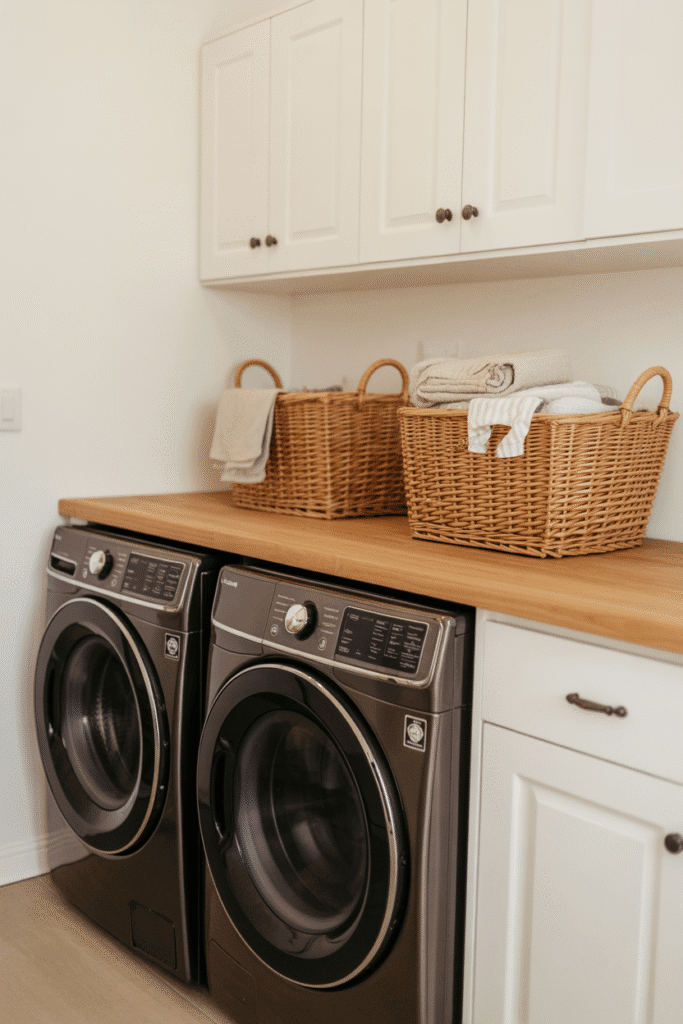 Warm wood countertop over washer and dryer adds functionality and charm to a small laundry room.