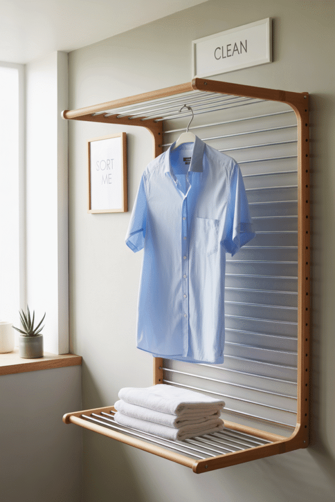 Practical and space-saving drying racks mounted on the wall for small laundry areas.