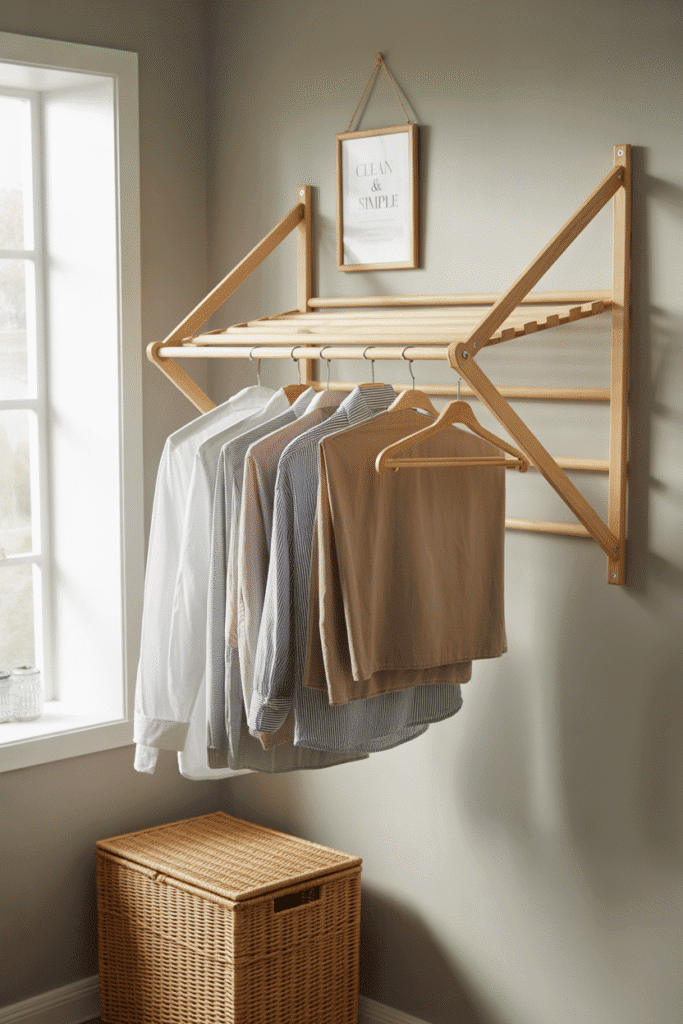 Practical and space-saving drying racks mounted on the wall for small laundry areas.